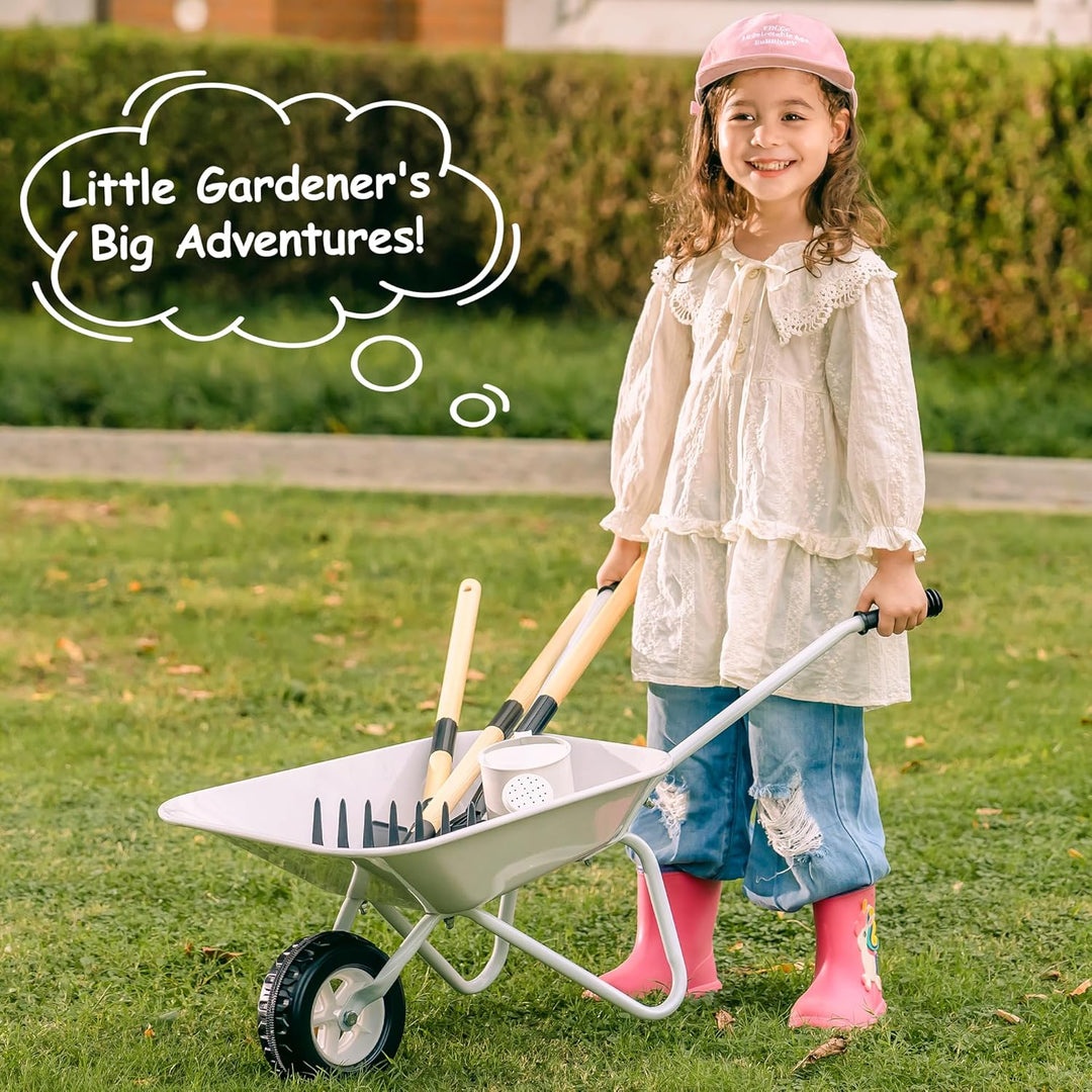 ROBUD Schubkarre Kinder Metall mit Gartengeräte Set, Kinderschubkarre mit Langer Schaufel, Rechen, L