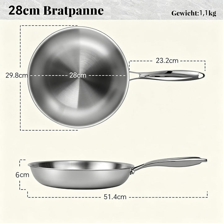 Deedro Bratpfanne 28cm Induktion, Edelstahlpfanne unbeschichtet für alle Herdarten, Induktionspfanne