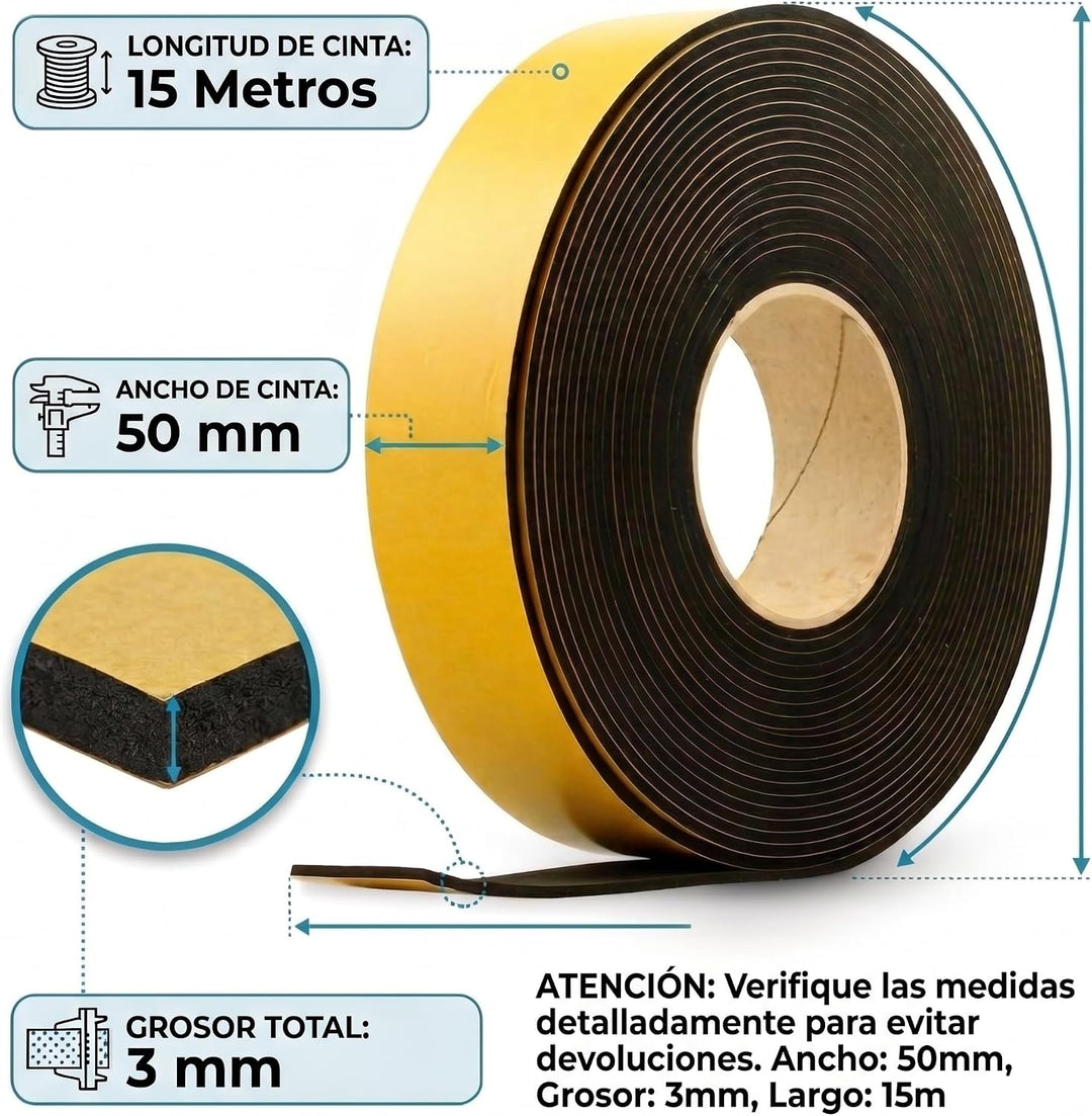 Recamania Selbstklebendes Gummiband, 15 m x 50 mm, Dicke 3 mm, thermische und akustische Isolierung