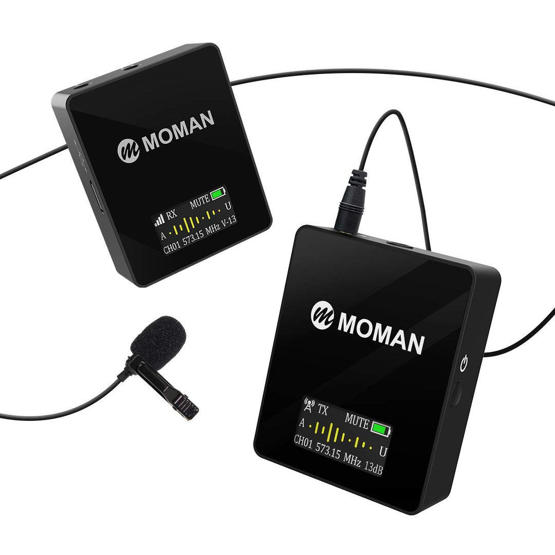 Moman Lavalier Funkmikrofon, Kabellos Ansteckmikrofon System, Wireless Microphone Mics, UHF 36-Kanäl
