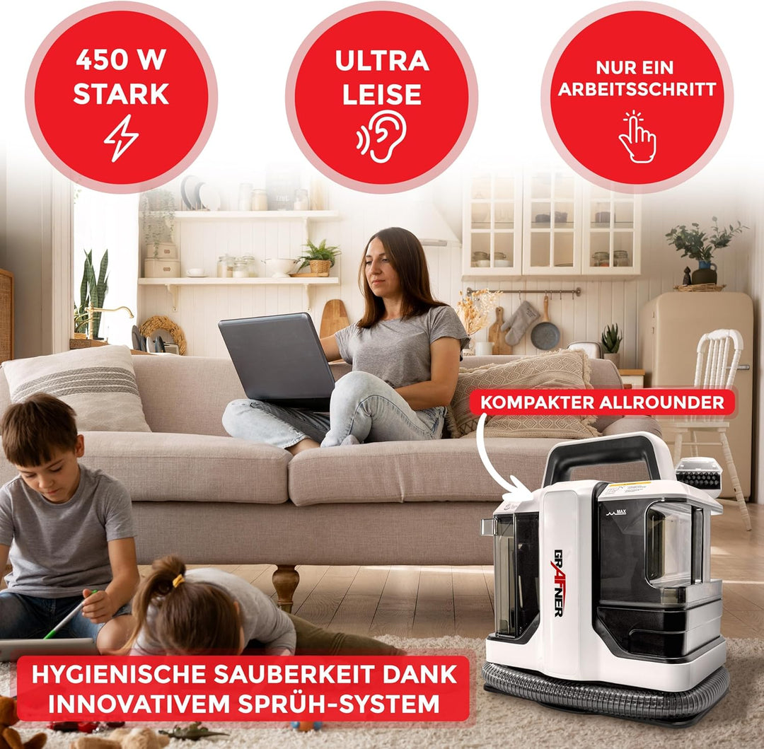 Grafner Waschsauger mit Dual-Tank und 2 Bürsten, Fleckenreiniger für Teppiche, Treppen, Polster, Aut