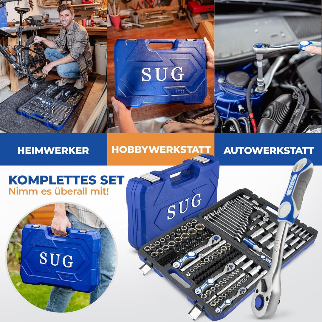 SUG - Werkzeugkoffer gefüllt 216-tlg - Profi Steckschlüsselsatz 1/2, 1/4, 3/8 komplett bestückt - We