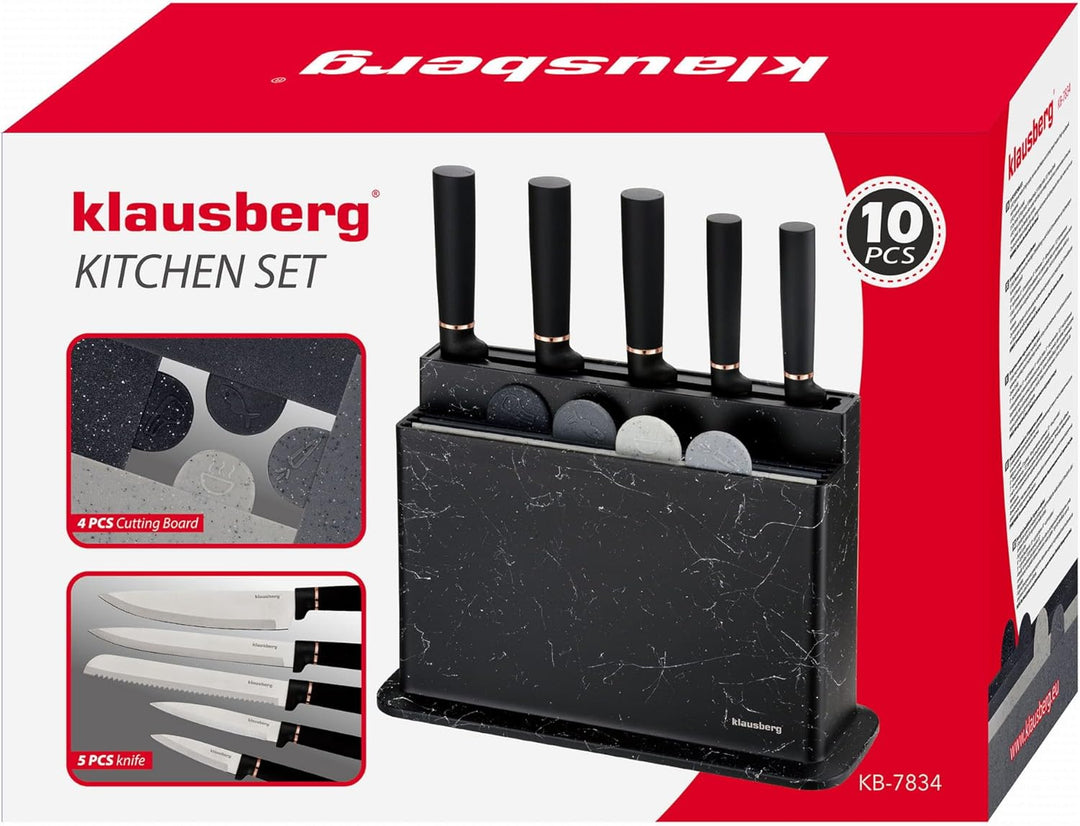 10-teilig Küchenmesser-Set Kochmesser Set Messerset im Block mit Schneidebrett-Set KLAUSBERG KB-7834
