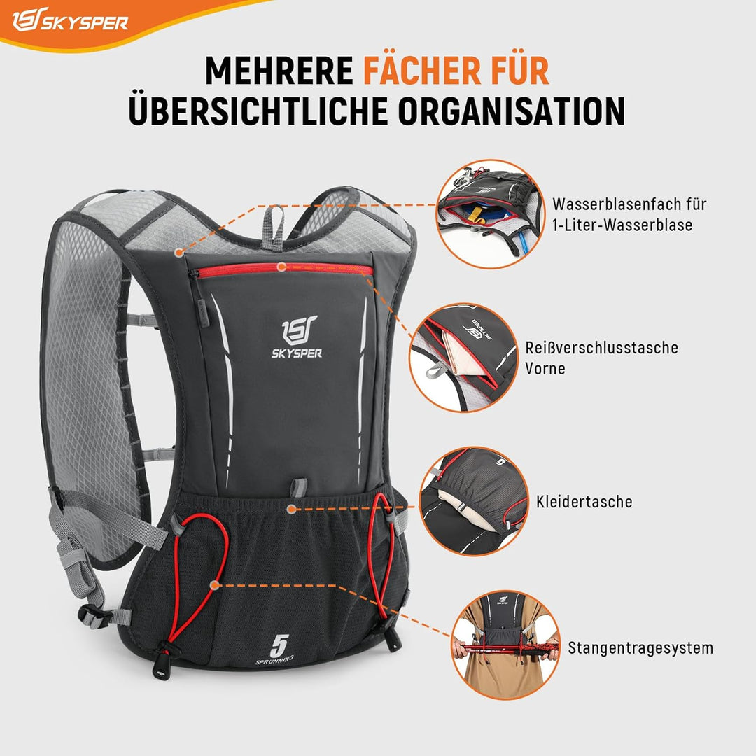SKYSPER Laufweste Ultraleichter 5L, Trinkrucksack mit weichen Flaschen 500ml Laufrucksack Herren Dam