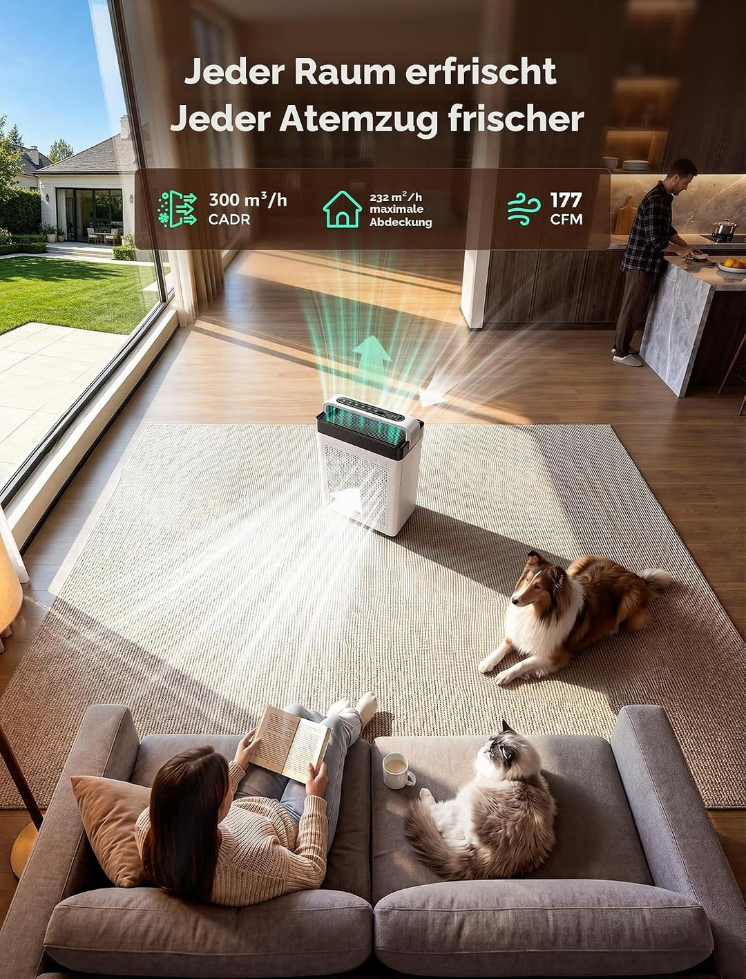 Luftreiniger mit Aktivkohlefilter, Doppel-Ansaugung, CADR 300 m³/h | bis 232 m², Air Purifier H13 HE