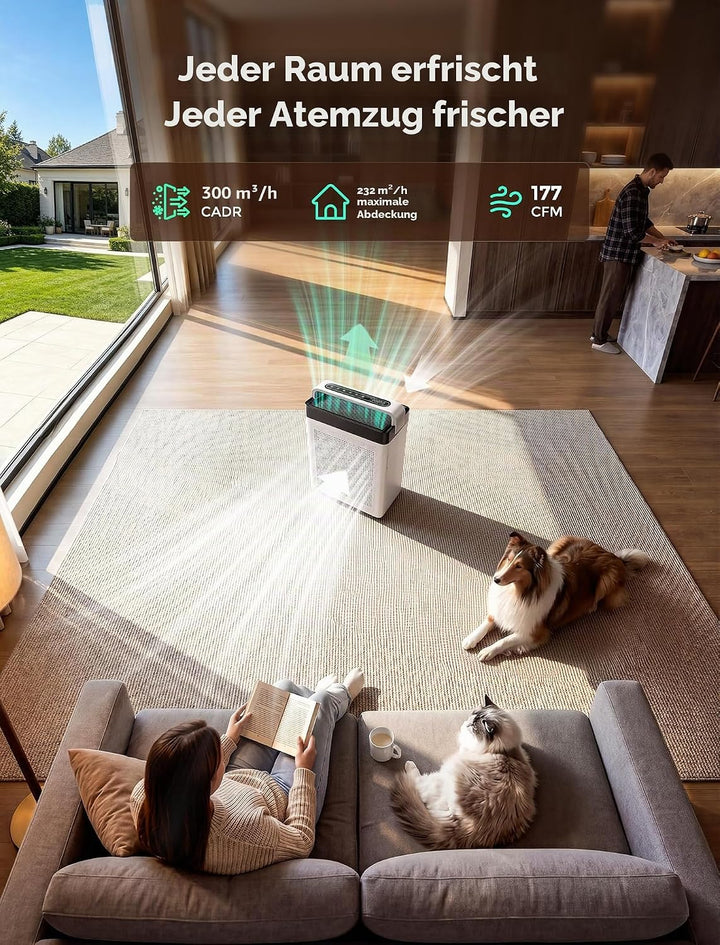 Luftreiniger mit Aktivkohlefilter, Doppel-Ansaugung, CADR 300 m³/h | bis 232 m², Air Purifier H13 HE