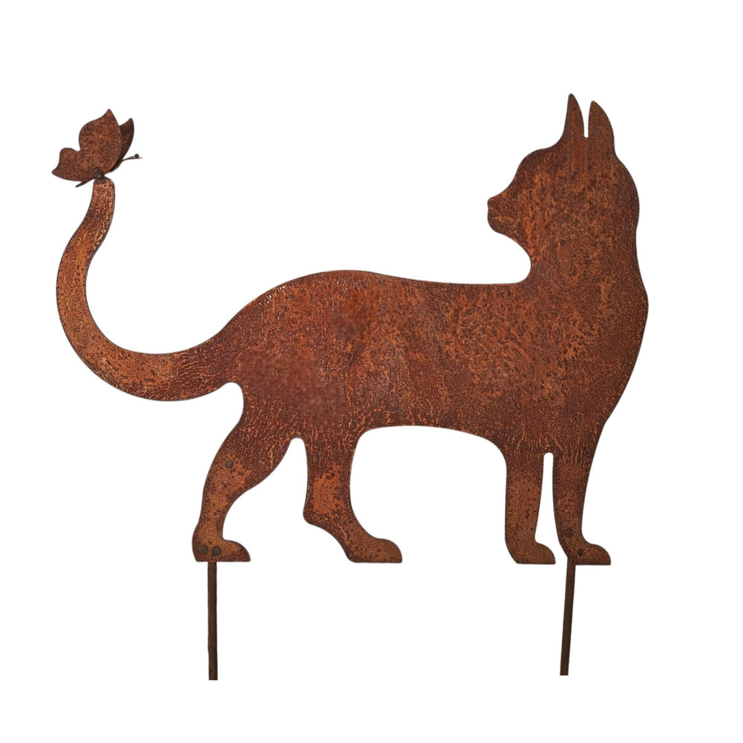 Bornhöft Gartendeko Gartenstecker Katze mit Schmetterling, Edelrost Rost-Optik Metallfigur, Gartensk