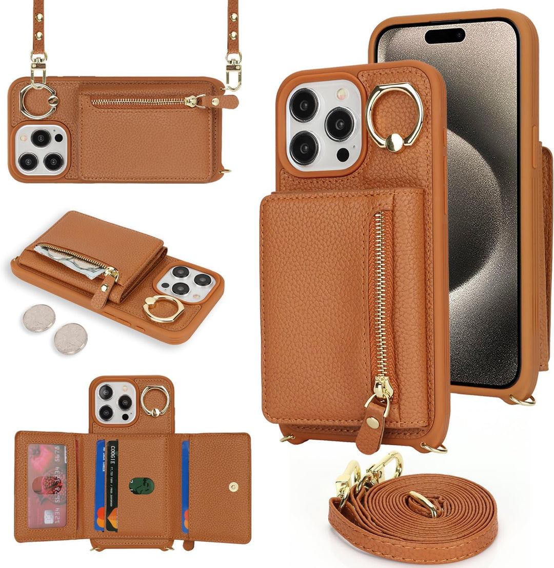 ELTEKER Handyhülle für iPhone 15 Pro Max Hülle mit Band Kartenfach Handykette Ringhalterung Geldbörs