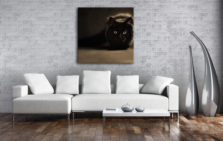 deyoli lauernde Schwarze Katze Format: 60x60 Effekt: Sepia als Leinwandbild, Motiv auf Echtholzrahme