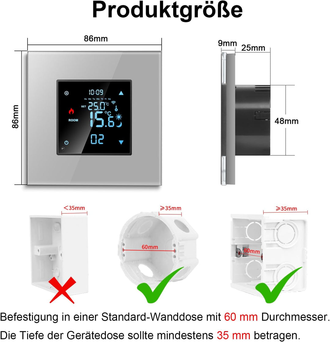 CNBINGO Smart Thermostat Unterputz mit Kristall Glasscheibe WLAN Digital Raumthermostat Kompatibel m