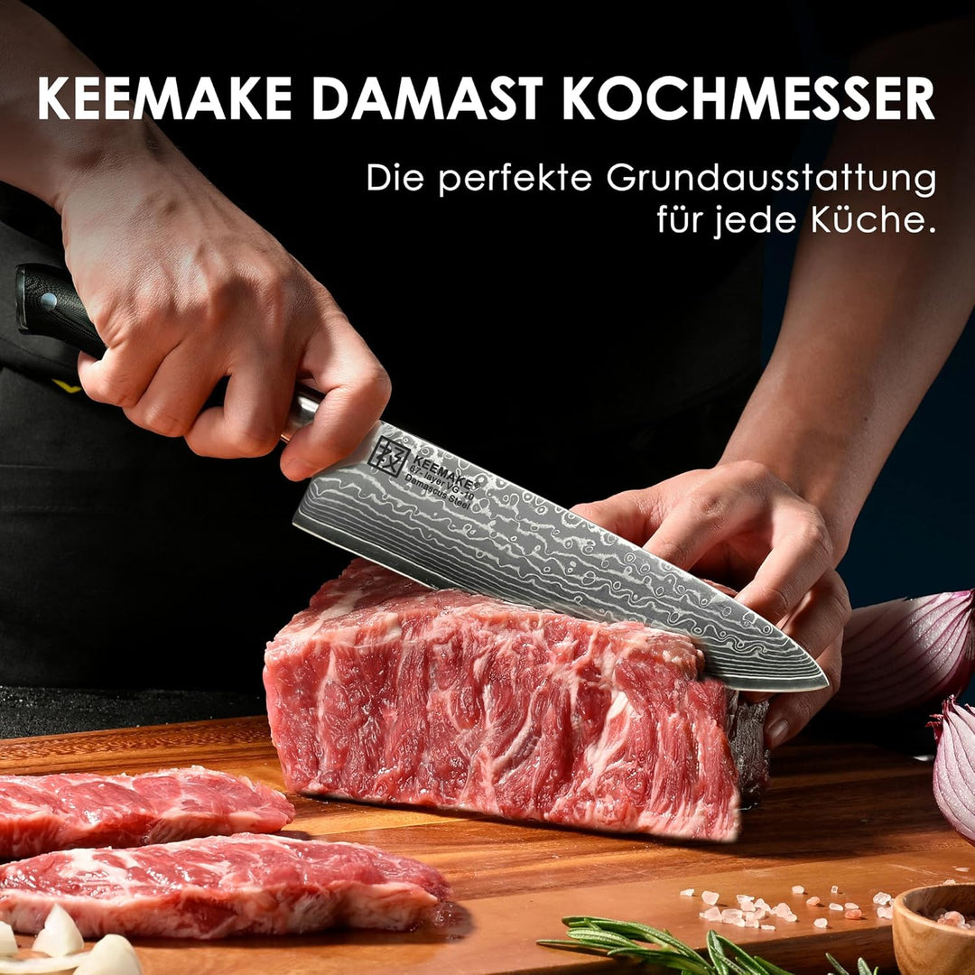 KEEMAKE Damastmesser Kochmesser 20cm, Küchenmesser Scharfes Messer aus 67 Schichten Damaststahl mit