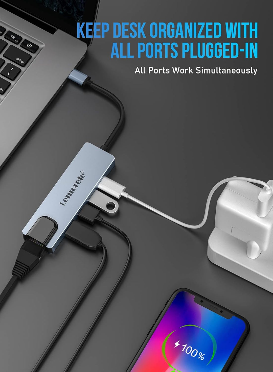 Lemorele USB C Hub (5 in 1 - Upgraded), USB C Multiport Adapter mit HDMI 4K, LAN RJ45 Ethernet, 2 US