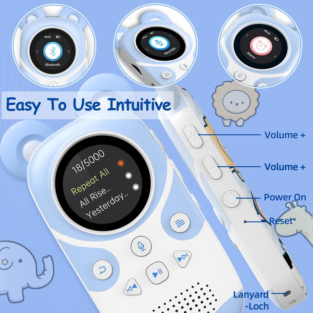 RUIZU 64GB MP3 Player Kinder Bluetooth 5.3 mit kopfhörer Lautsprecher Unterstützt UKW-Radio, Wecker,