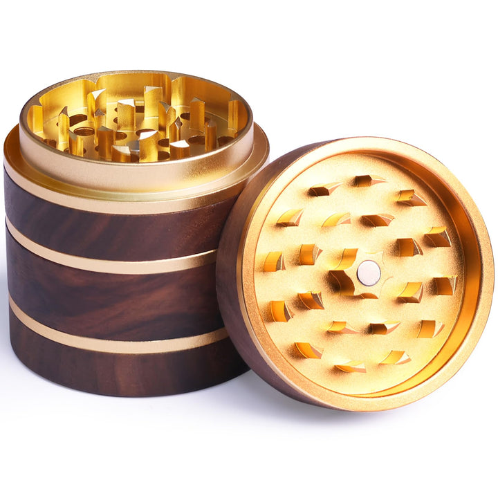 Holz Gewürzmühle mit Magnetdeckel, Feinsieb &amp; Aluminiumkern, Ø 63 mm, Gold | Walnussholz-Gewürzmühle