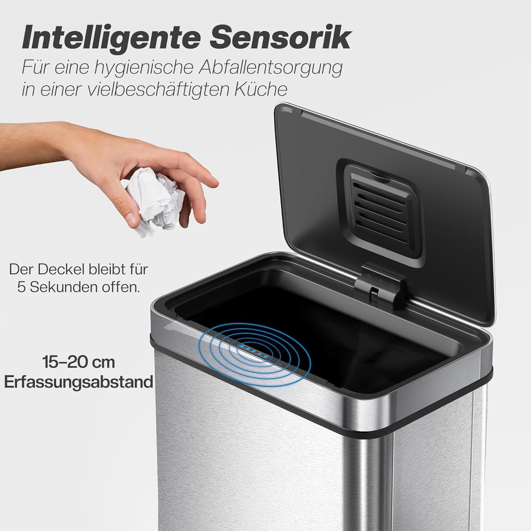 HOMCOM Mülleimer mit Sensor 50L Edelstahl Leiser Automatischer Abfalleimer mit Soft-Close-Deckel, Fi