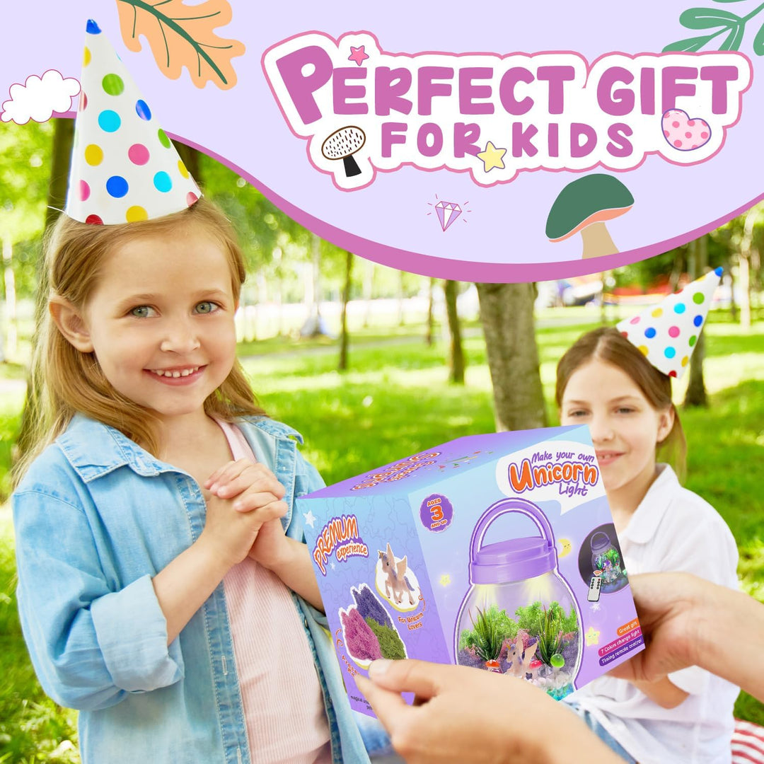 DIY Einhorn Geschenk für Mädchen,Terrarien Kit Licht Mit Pflanzen Garten Einhorn Spielzeug für 3 4 5