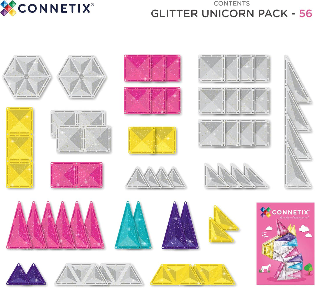 CONNETIX Magnetische Fliesen Glitzer-Einhorn-Set, 56 Stück