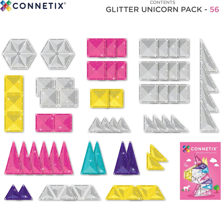 CONNETIX Magnetische Fliesen Glitzer-Einhorn-Set, 56 Stück
