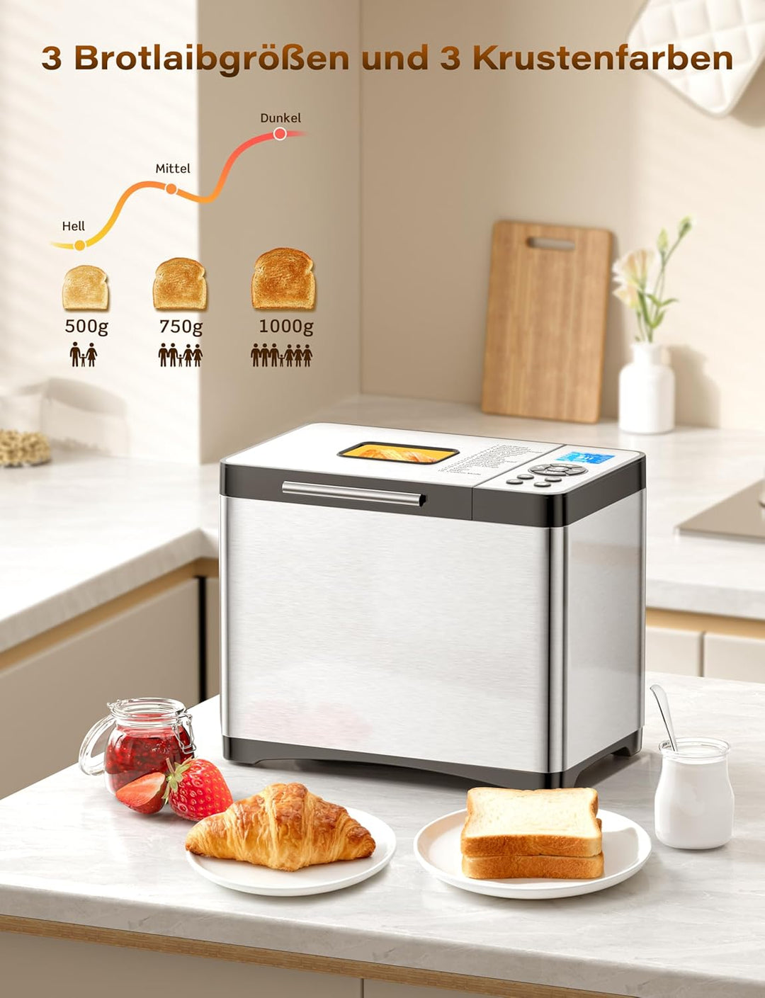 Brotbackautomat 1kg Edelstahl mit Keramikpfanne, 19 Automatischer Programme inkl. individuell progra