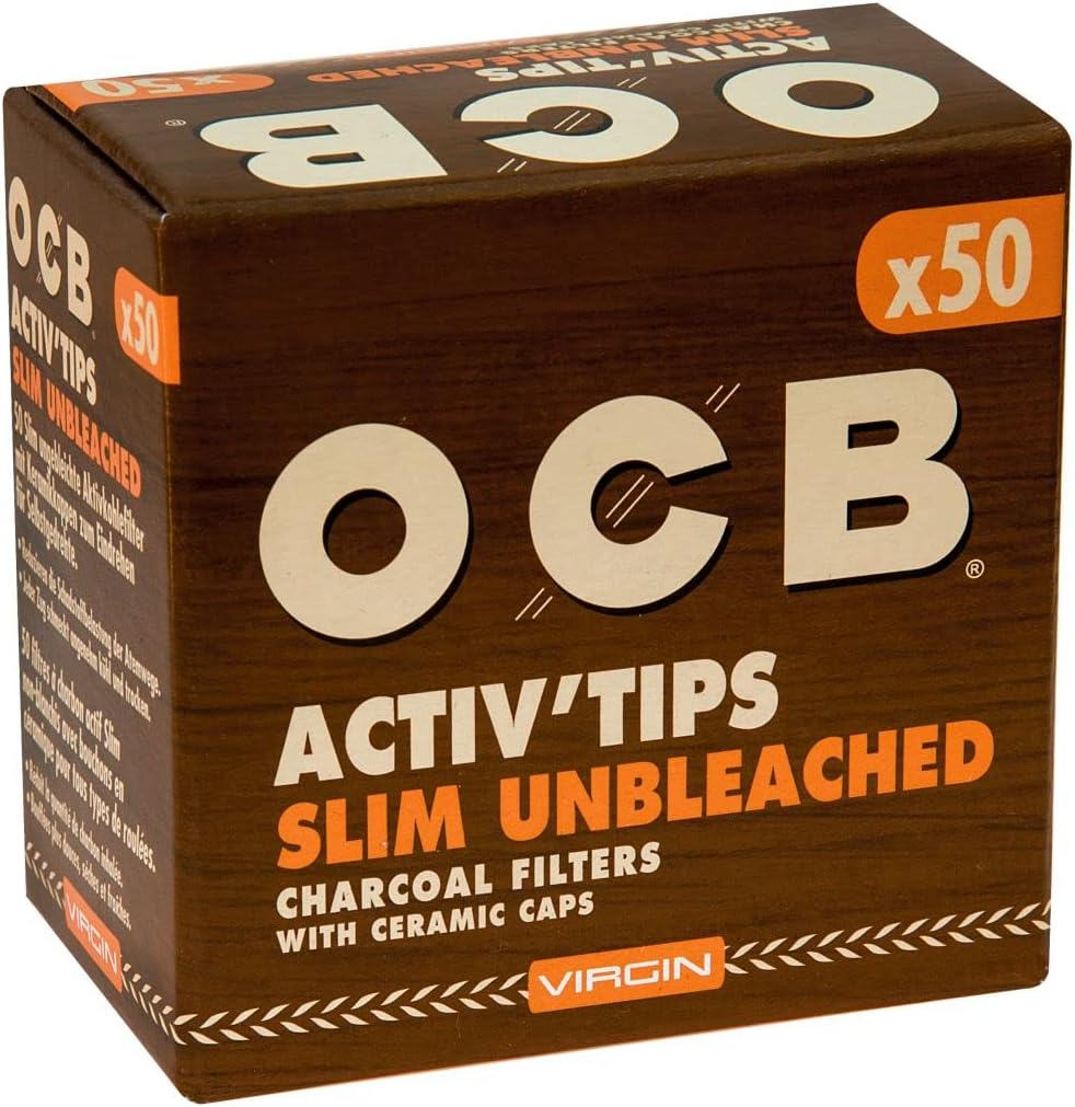 OCB 19823 ActivTips Slim Unbleached-7 mm-Virgin-Aktivkohlefilter mit Keramikkappen-10 x 50 500 Stück