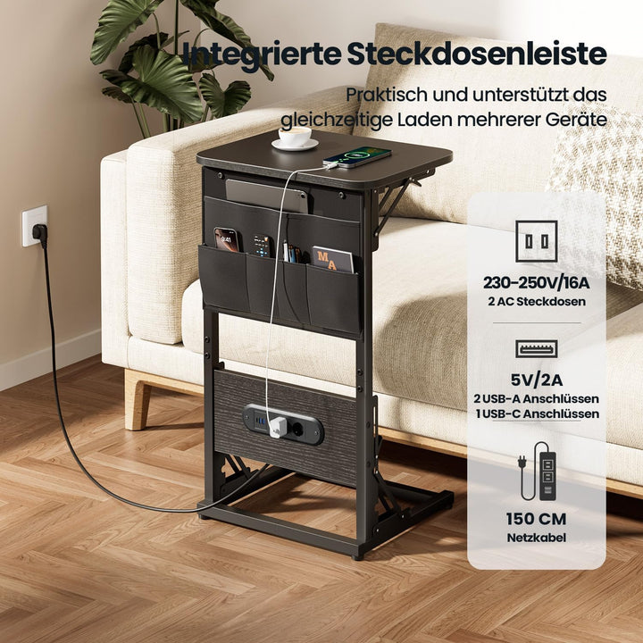 Beistelltisch C Form, Klappbarer Sofatisch mit Steckdosen, Höhenverstellbar Couchtisch mit Metallrah