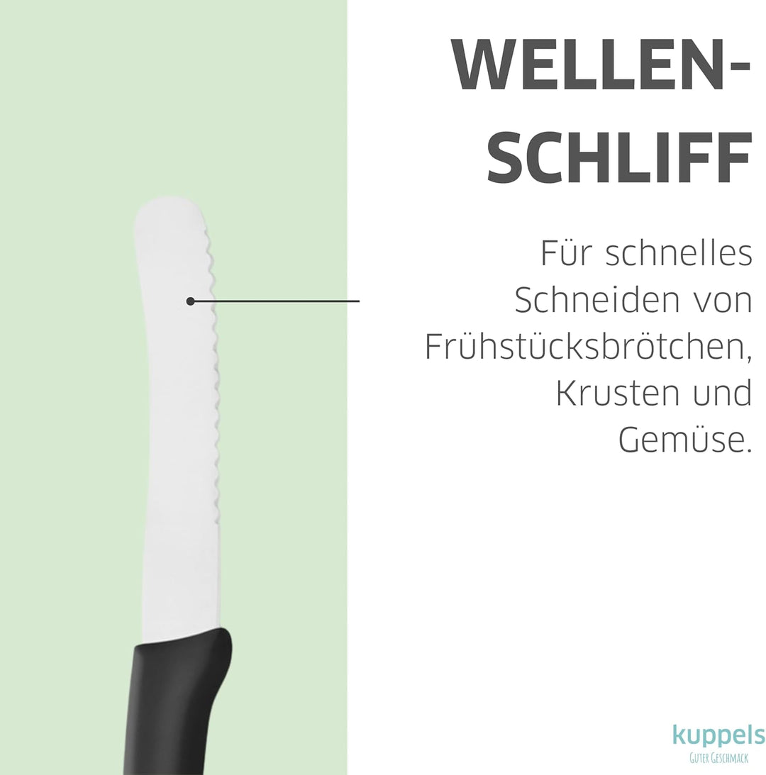Kuppels SOLINGEN Retro Frühstücksmesser Set 3 teilig mit Wellenschliff Schwarz, Scharfes Küchenmesse
