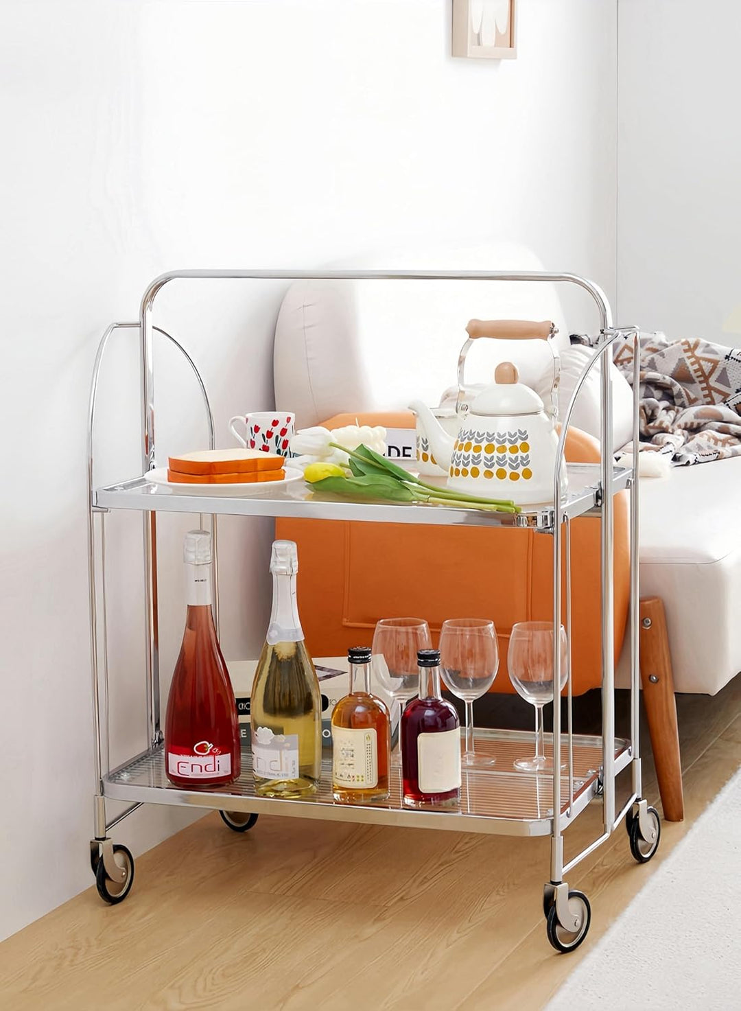 GLIESE Servierwagen Klappbar Mit Rädern,2 Tier Clear Tempered Glass,Mobiler Aufbewahrungs-Klappwagen