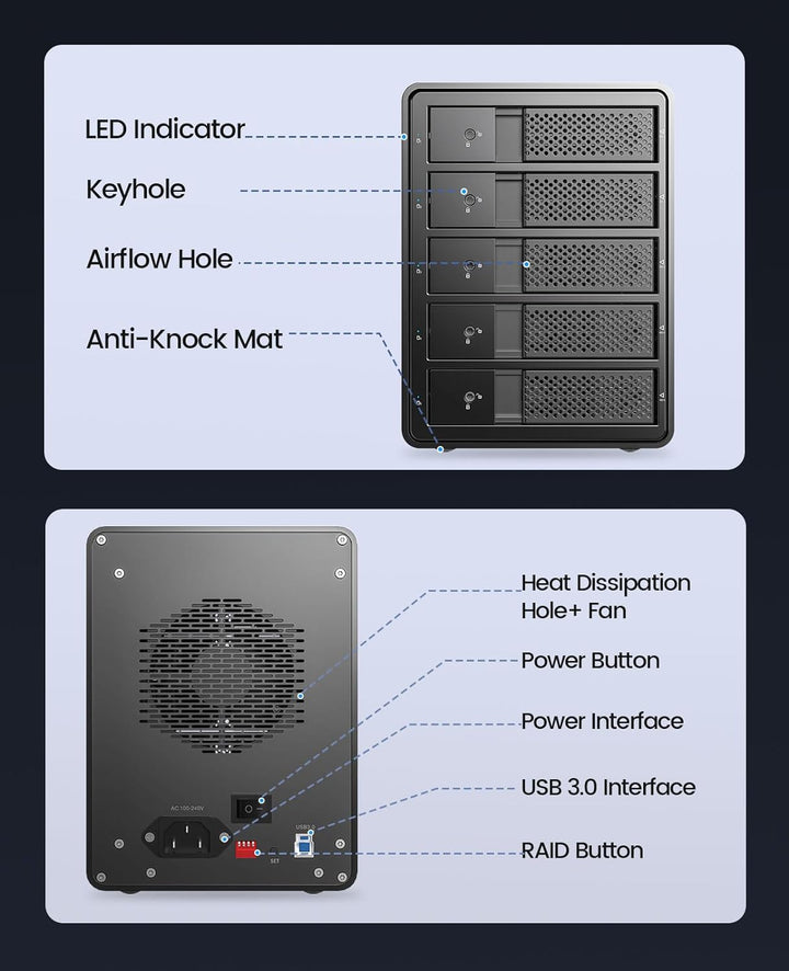 ORICO RAID 5 Bay Festplattengehäuse,USB 3.0 zu SATA Revision 3.0 Externes HDD Gehäuse für 3,5 Zoll H