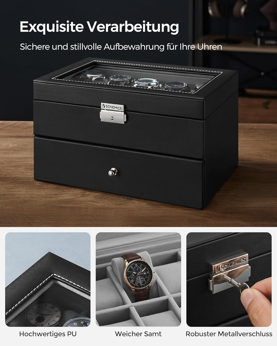 SONGMICS Uhrenbox, Uhrenkasten mit Glasdeckel, 2 Ebenen, Uhrenkoffer mit herausnehmbaren Uhrenkissen