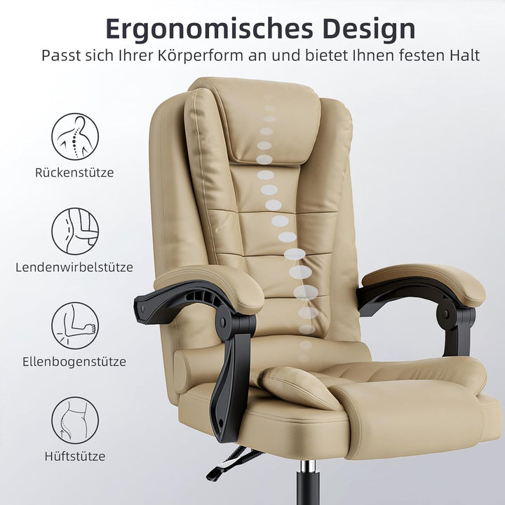 rattantree Bürostuhl Chefsessel Ergonomisch, PU-Leder Bürosessel Khaki Khaki Keine Pedale, Khaki Kei