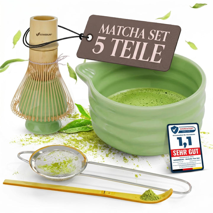 Matcha Set 5-teilig – Matcha Zeremonie Set mit Schale, Bambusbesen, Halter, Sieb & Löffel – Japanisc