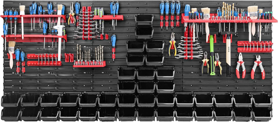 Lagersystem Werkstattregal | 172 x 78 cm | 40 stck. Box | Wandregal mit Werkzeughalterungen und Stap