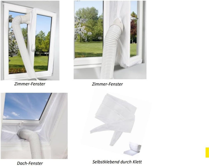 Fensterabdichtung für Mobile Klimageräte mit 400cm Umlaufmass, Klettband & Reissverschluss, UV-bestä