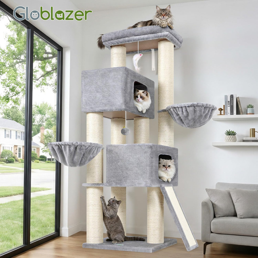 Globlazer Kratzbaum Dicke Stämme 11CM für Grosse Katzen mit 2 Extragross Katzenhaus 50*35*30cm, Ausr