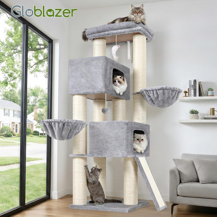 Globlazer Kratzbaum Dicke Stämme 11CM für Grosse Katzen mit 2 Extragross Katzenhaus 50*35*30cm, Ausr