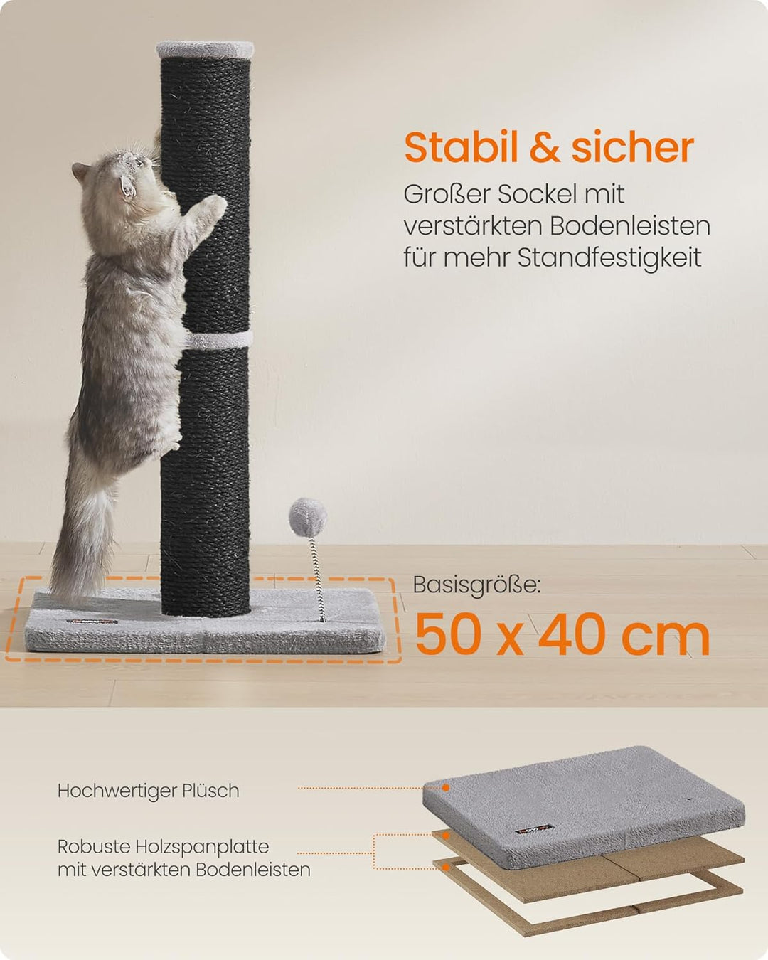 Feandrea Kratzbaum, 85 cm hoch, Kratzsäule XL, 13 cm Dicker Stamm, Katzenbaum, Kratzstamm für mittel