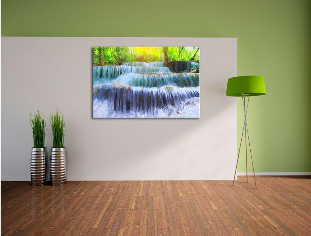 Pixxprint Wasserfall im Regenwald / 100x70cm Leinwandbild bespannt auf Holzrahmen/Wandbild Kunstdruc