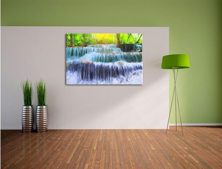 Pixxprint Wasserfall im Regenwald / 100x70cm Leinwandbild bespannt auf Holzrahmen/Wandbild Kunstdruc
