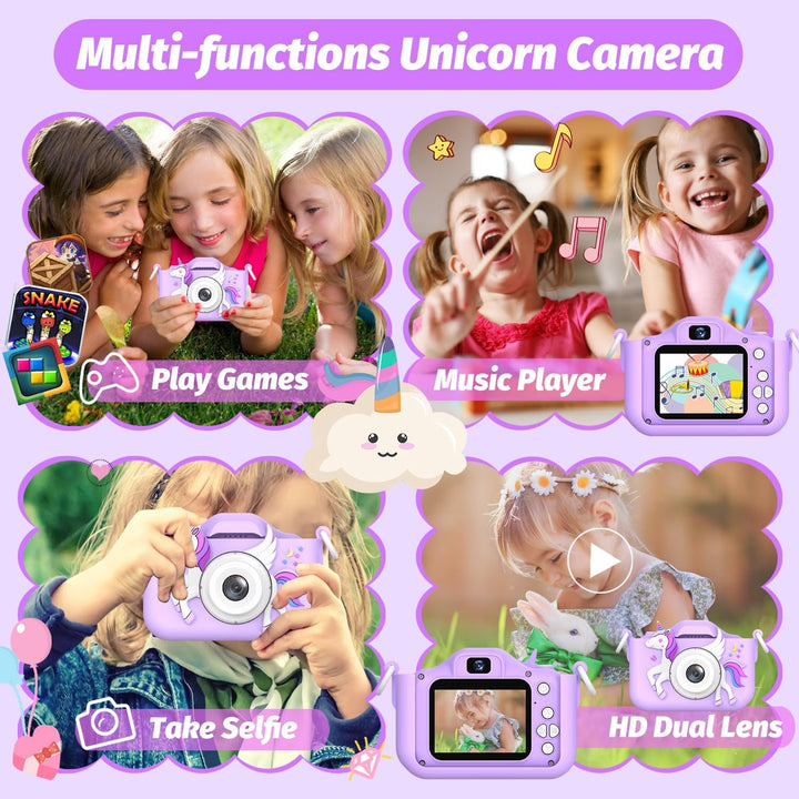 Einhorn Kinderkamera, Weihnachten Geburtstag Geschenke für Mädchen Jungen Alter 3-12, 1080P HD Selfi