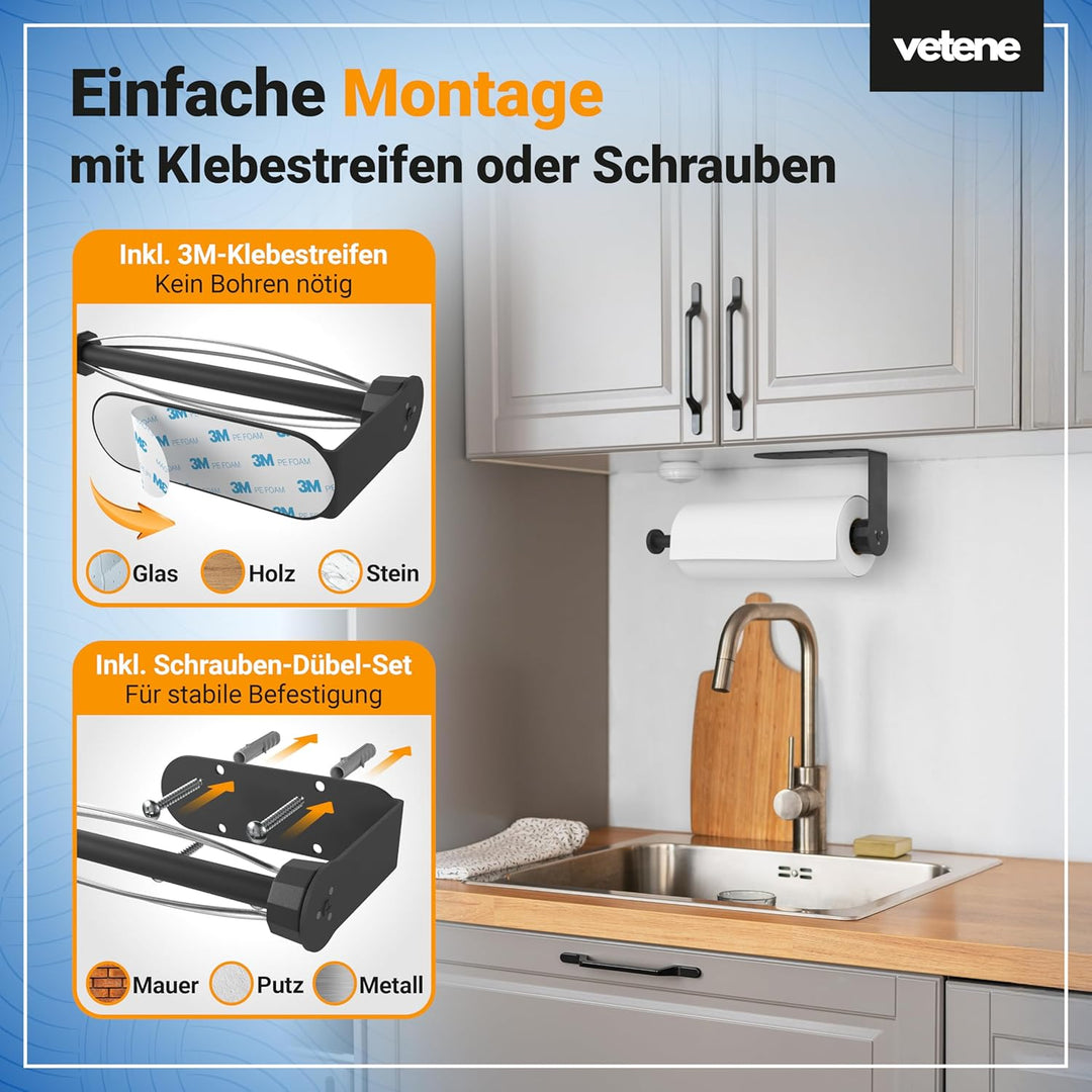 vetene® Küchenrollenhalter ohne Bohren [Einhändig Abreissen] – Edelstahl Schwarz – mit Abroll-Stop –