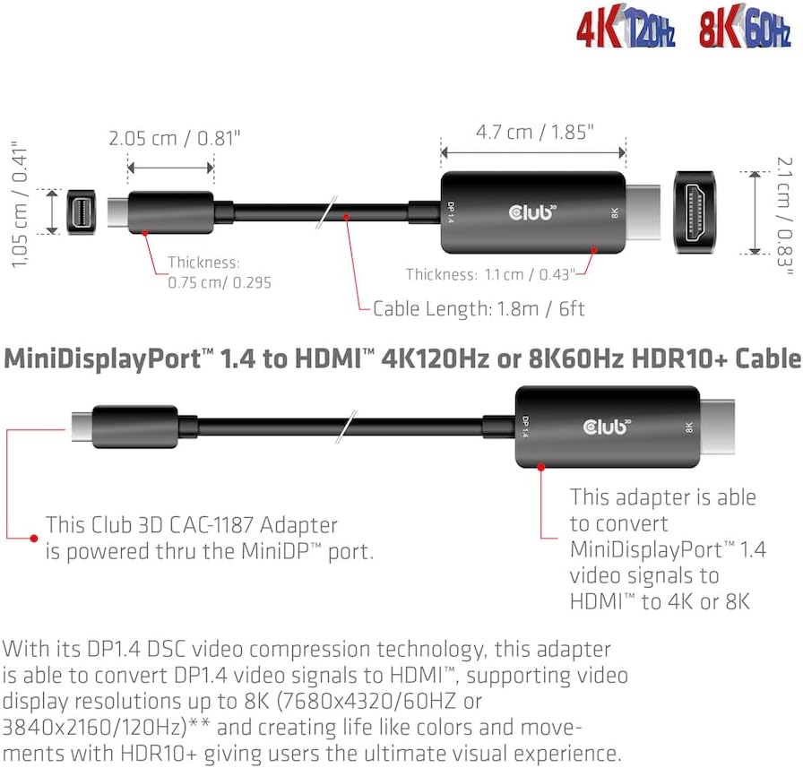 Club3D CAC-1187 MiniDisplayPort™ 1.4 auf HDMI™ 4K120Hz oder 8K60Hz HDR10+ Kabel 1,8m St./St., CAC-11