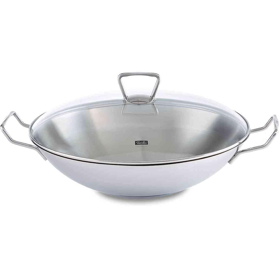 Fissler Kunming / Edelstahl-Wok (Ø 36 cm) grosse Wok-Pfanne unbeschichtet,Asiapfanne mit Glas-Deckel