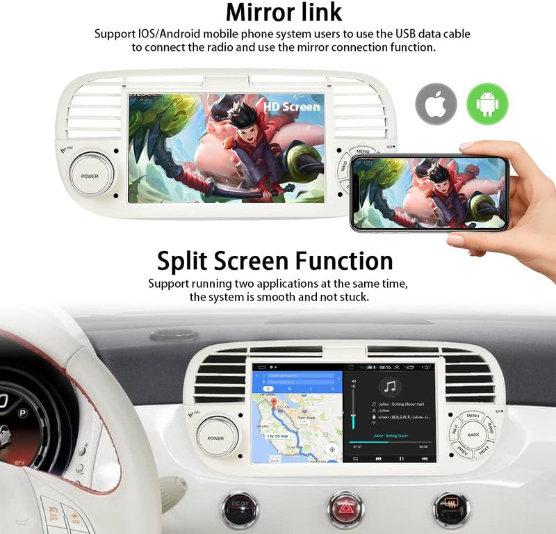 7-Zoll Doppel Din Android Autoradio für FIAT 500 2007 2008 2009 2010 2011 2012 2013 2014 2015 Touchs