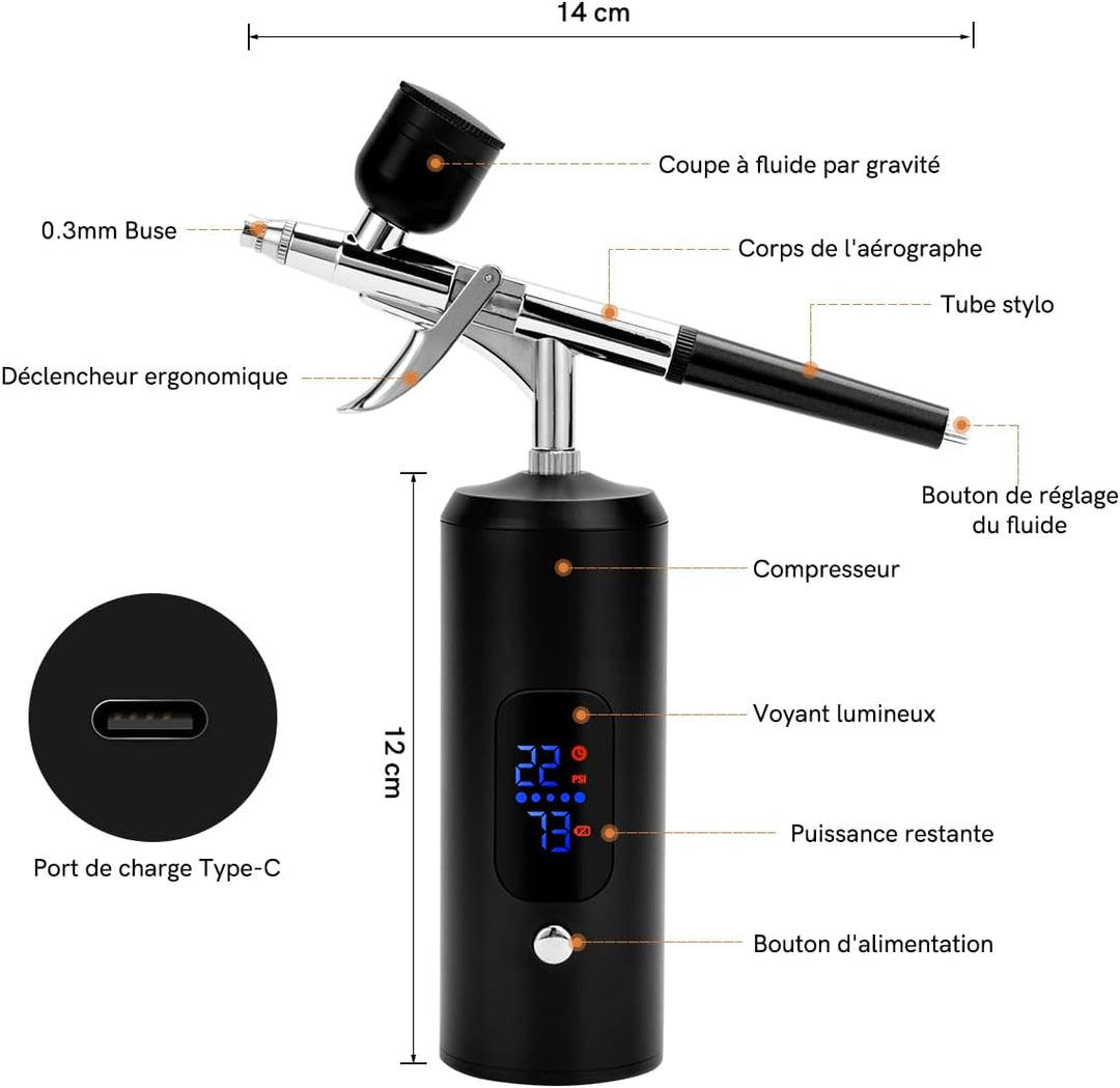 Airbrush-Set, kabellos, 38 PSI verstellbar, mit Kompressor, wiederaufladbar, LCD-Display, Verlängeru