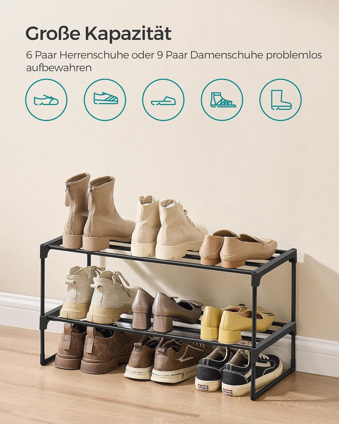 SONGMICS Schuhregal 2 Ebenen, Schuhständer Metall, Schuhaufbewahrung, Schuh-Organizer, aufrecht oder