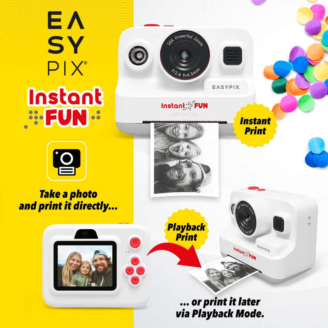 Easypix InstantFUN Sofortbildkamera, kreativer Fotospass für Erwachsene und Kinder, Schwarz-Weiss-Th