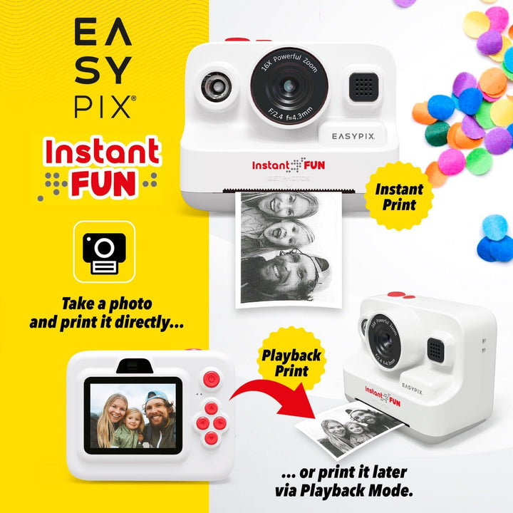 Easypix InstantFUN Sofortbildkamera, kreativer Fotospass für Erwachsene und Kinder, Schwarz-Weiss-Th