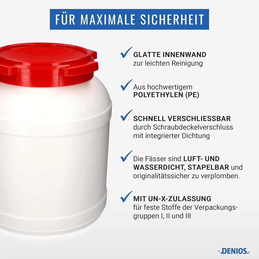 DENIOS® Weithalsfass WH 26, aus Polyethylen (PE), 26 Liter Volumen, weiss/rot, maximal sicher, 26 Li