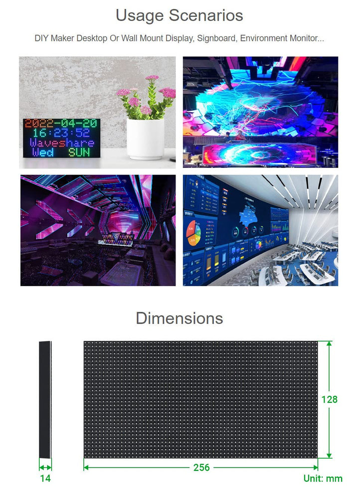 Waveshare RGB Full-Color LED Matrix Panel 4mm Pitch 64×32 Pixels 2048 Individual RGB LEDs Adjustable