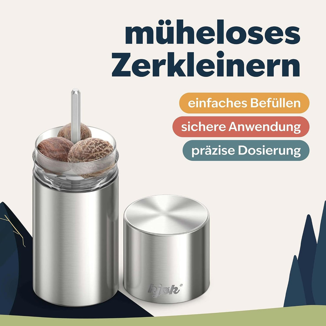 kjøk Premium Muskatnuss Mühle Edelstahl gebürstet Muskatmühle mit Vorratsbehälter Muskat Mühle auch